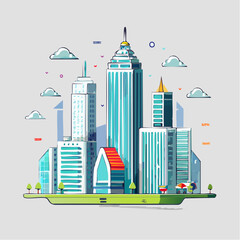 Pixel Art Cityscape with Skyscrapers and Green Landscape
