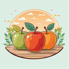 Three Apples on Wooden Table with Sky and Clouds Background