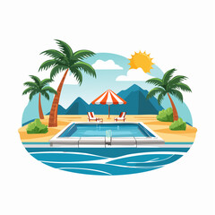 Tropical Beach Poolside Oasis with Palm Trees and Mountains