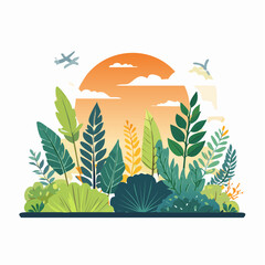 Tropical Plants at Sunset With Airplanes