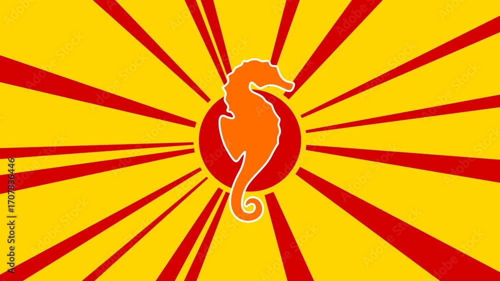 Poster sea horse symbol on the background of animation from moving rays of the sun. large orange symbol inc
