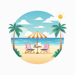 Tropical Beach Scene with Chairs Umbrella and Table