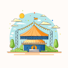 Large Orange And Blue Circus Tent Under Sunny Sky