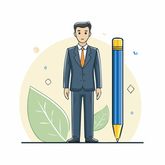 Businessman in Blue Suit With Large Pencil and Green Leaves Illustration