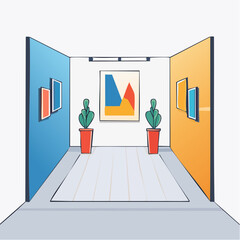 Modern Art Gallery with Abstract Paintings and Potted Plants