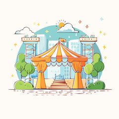 Orange And White Circus Tent In City Park With Blue Sky And Buildings Landscape Illustration