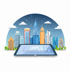 Modern City Skyline At Night Projected On Tablet