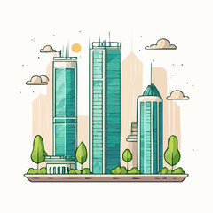Modern Cityscape With Green Skyscrapers And Lush Trees