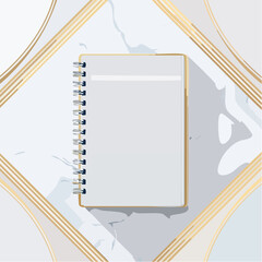 Blank Notebook With Gold Cover on Marble Background With Gold Geometric Shapes
