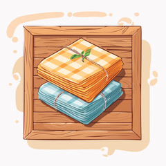 Orange And Blue Checked Napkins Tied With Twine On Wooden Board