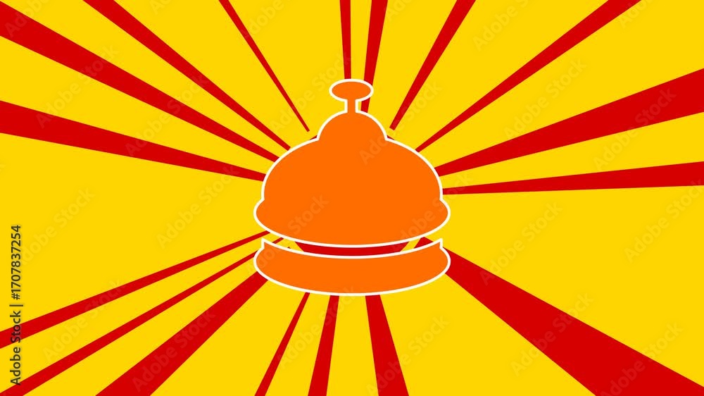 Aufkleber Reception bell symbol on the background of animation from moving rays of the sun. Large orange symbol increases slightly. Seamless looped 4k animation on yellow background