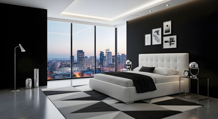 A luxurious modern bedroom with a large window overlooking a city skyline at dusk, featuring a white tufted bed and a geometric rug.