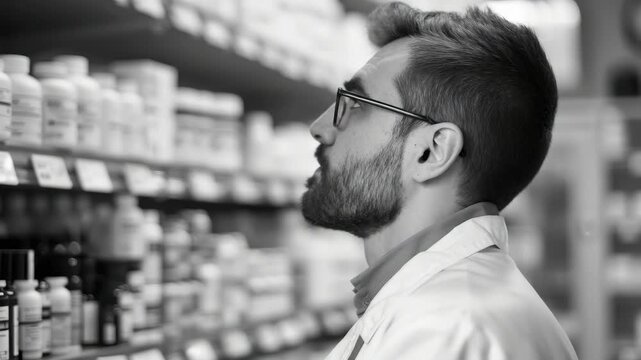 Bearded man in glasses, professional pharmacist working in a drug store with shelves of medicine and over-the-counter medication.