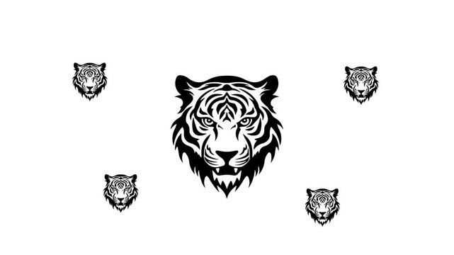 Zoom in and out animation the tiger head symbol. Large black symbol in the center and four small symbols around. Seamless looped 4k animation on white background
