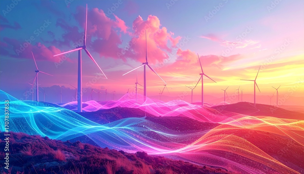 Poster dynamic abstract composition of spinning wind turbines morphing into light particles, pastel and neo