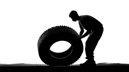 Man lifting tire at industrial site silhouette PNG, isolated on transparent background