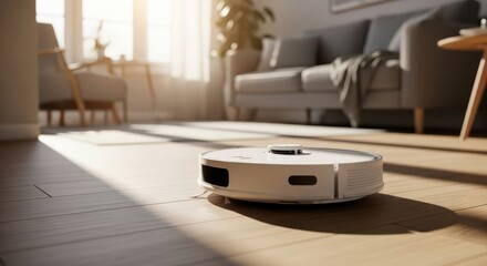 Smart Robot Vacuum Cleaner Navigates Modern Living Room