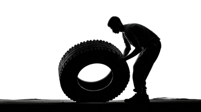 Man lifting tire at industrial site silhouette PNG, isolated on transparent background