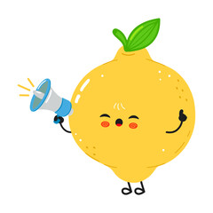 Cute cartoon lemon character shouting into a megaphone