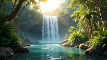 Serene Jungle Waterfall - A tranquil waterfall cascades into a clear blue pool, surrounded by lush, tropical vegetation. Sunlight filters through the trees, creating a serene atmosphere.