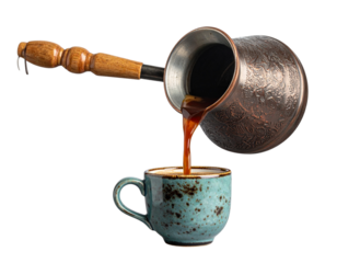 Close-Up of Moka Pot Pouring Coffee into Vintage Cup, isolated on a transparent background PNG