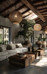 Interior of a Cozy Living Room with Wicker Lamps and Rustic Furniture