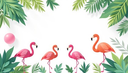 Obraz premium Vibrant illustration of pink flamingos amidst lush green foliage, evoking a tropical paradise