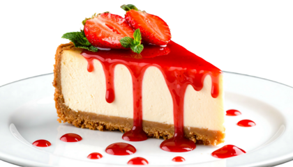 Delicious slice of strawberry cheesecake with sauce on a white plate.