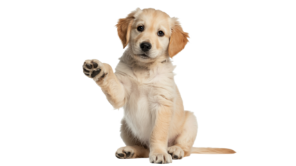 Adorable golden retriever puppy waving its paw in a friendly greeting on black on transparent background