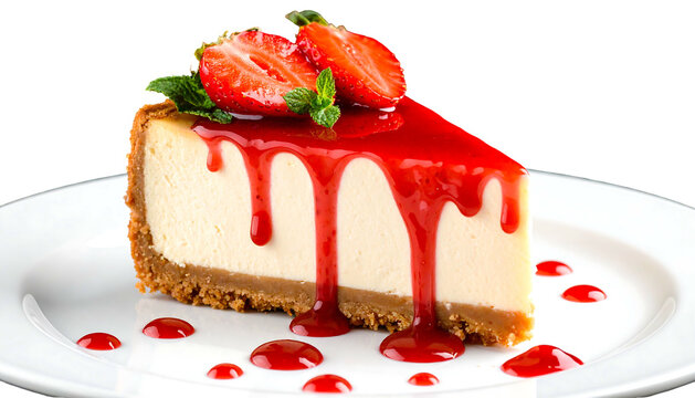 Delicious slice of strawberry cheesecake with sauce on a white plate.