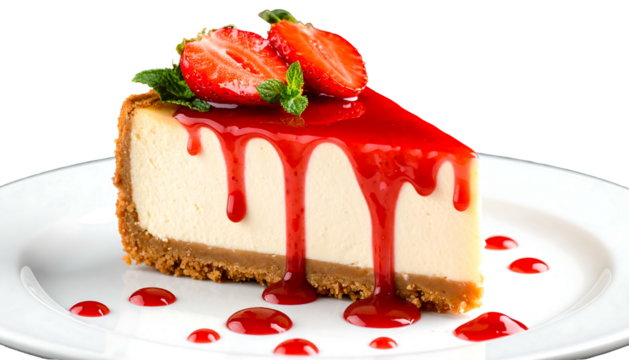 Delicious slice of strawberry cheesecake with sauce on a white plate.
