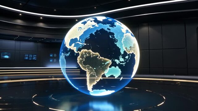 Glowing holographic digital Earth rotating in a modern news studio