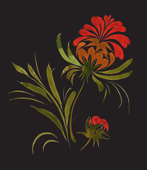 Vector floral composition from hand painted fantasy flowers on a black background