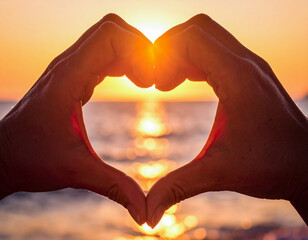 Manos formando un corazón en contraluz al atardecer con reflejo dorado en el agua simbolizando amor unión esperanza y romanticismo en una escena serena y emotiva