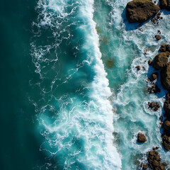 Fototapeta premium Aerial view of ocean waves creating intricate foam patterns in shades of turquoise and teal, evoking sense of tranquility and natural beauty