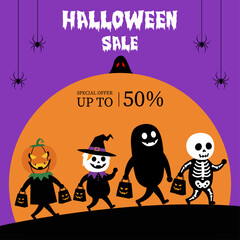 Halloween Sale Banner with Trick-or-Treating Kids in Costumes