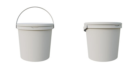 Blank plastic buckets mockup on a isolated background. Product packaging for paints, adhesives, sealants, primers and putty. Mockup template for your design.