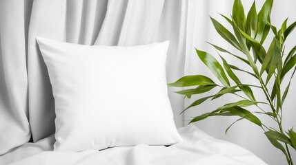 Clean White Pillow with Green Plant Against a Soft, White Background