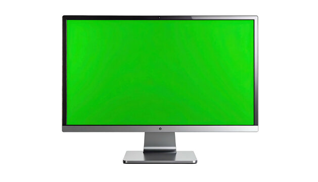Modern computer monitor with green screen isolated on white background.