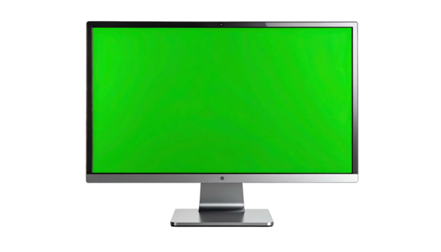 Modern computer monitor with green screen isolated on white background.