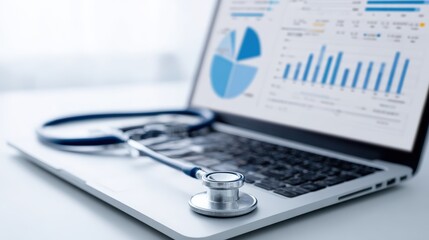Stethoscope resting on a laptop displaying health data charts and graphs, symbolizing the integration of technology in healthcare and medical analysis for improved patient outcomes