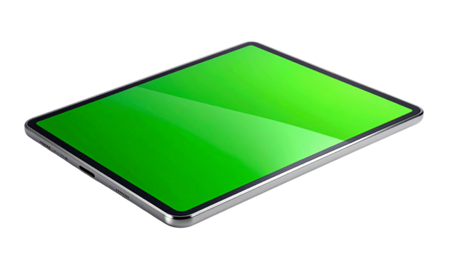 Modern digital tablet with a green screen isolated on a white background.