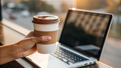 Gig Economy and Remote work, A person holds a coffee cup while working on a laptop