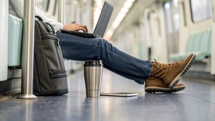 Gig Economy and Remote work, A person working on a laptop in a subway train, with a backpack and a coffee cup nearby, showcasing a blend of travel and productivity. Gig Economy and Remote work,