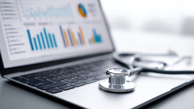 Medical stethoscope placed on a laptop keyboard, with health data charts displayed on the screen, symbolizing the intersection of technology and healthcare innovation