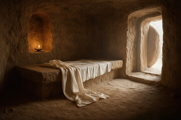 The empty tomb of Jesus, containing only a stone slab and a shroud. Jesus Christ is risen, his tomb is empty.