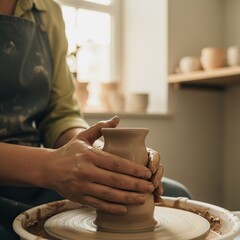 Gig Economy Artisan Freelancer Job, Craftsman shaping clay on a pottery wheel in a well-lit studio.