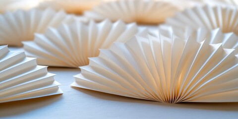 Delicate paper fans arranged in a soft, geometric pattern with subtle lighting