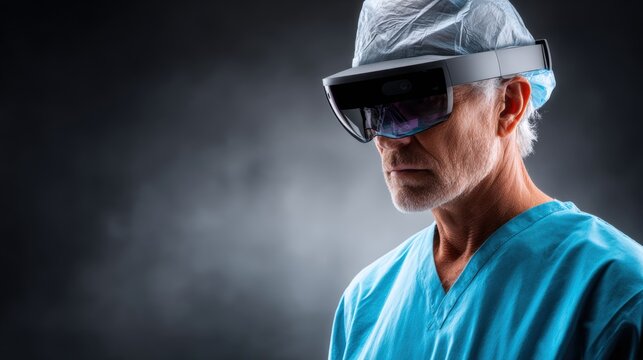 Senior male surgeon wearing advanced augmented reality glasses, dressed in teal scrubs, focused on a medical procedure in a modern operating room, showcasing innovative technology in healthcare