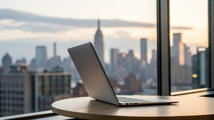 Gig Economy and Remote work, A sleek laptop sits on a wooden table with a city skyline featuring the Empire State Building in the background during sunset.